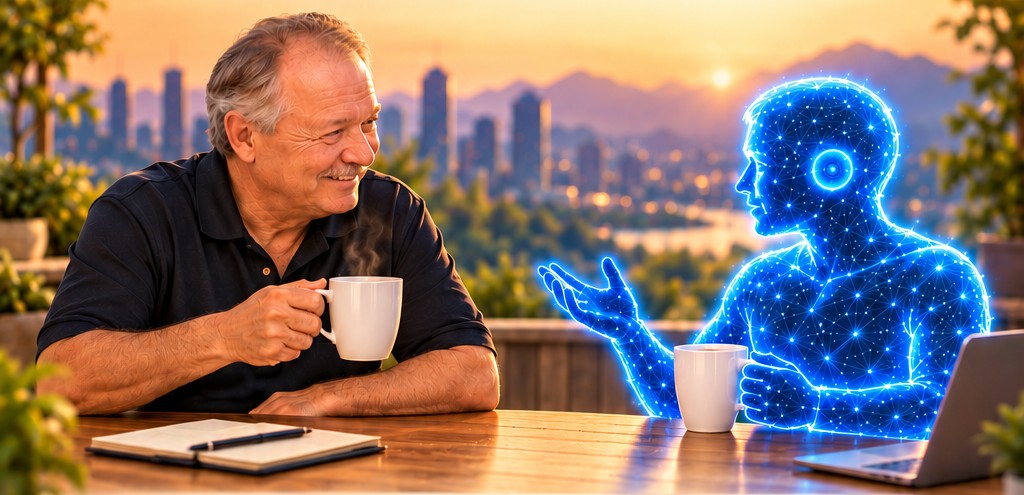 The founder smiling over coffee across a table from a glowing blue figure, with a sunset city skyline behind them