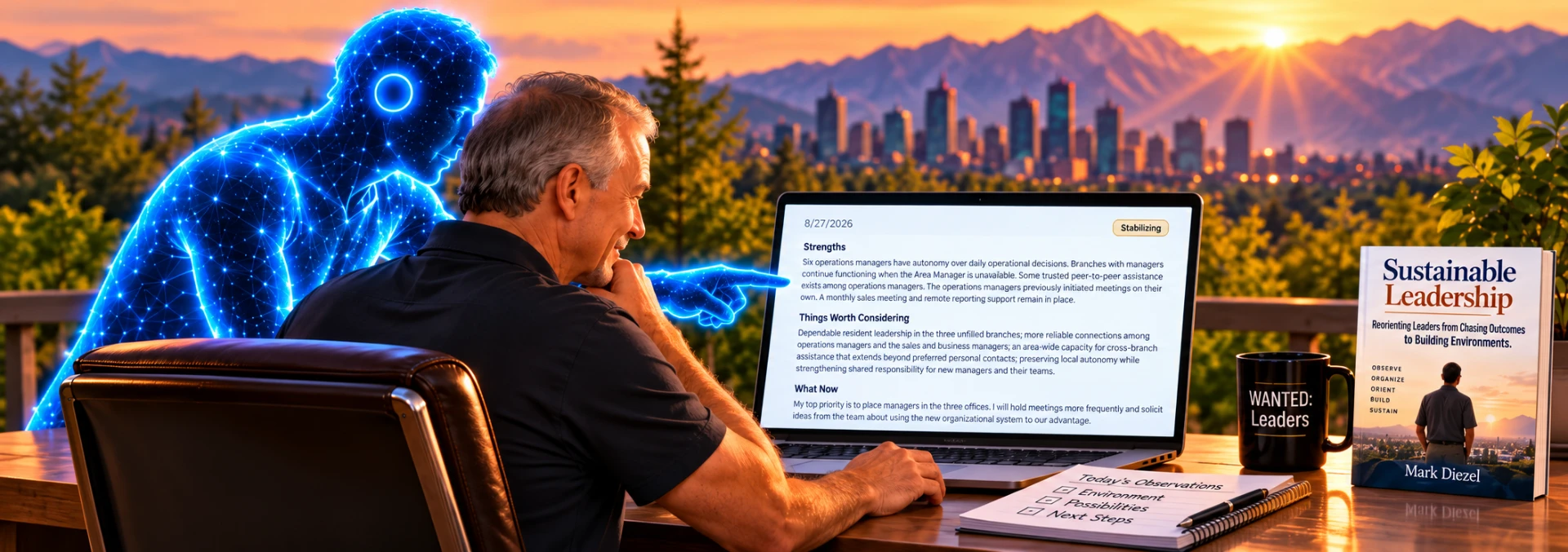 Mark Diezel at his desk as a glowing blue figure looks over his shoulder at an Environmental Scoreboard, with his Sustainable Leadership book beside him